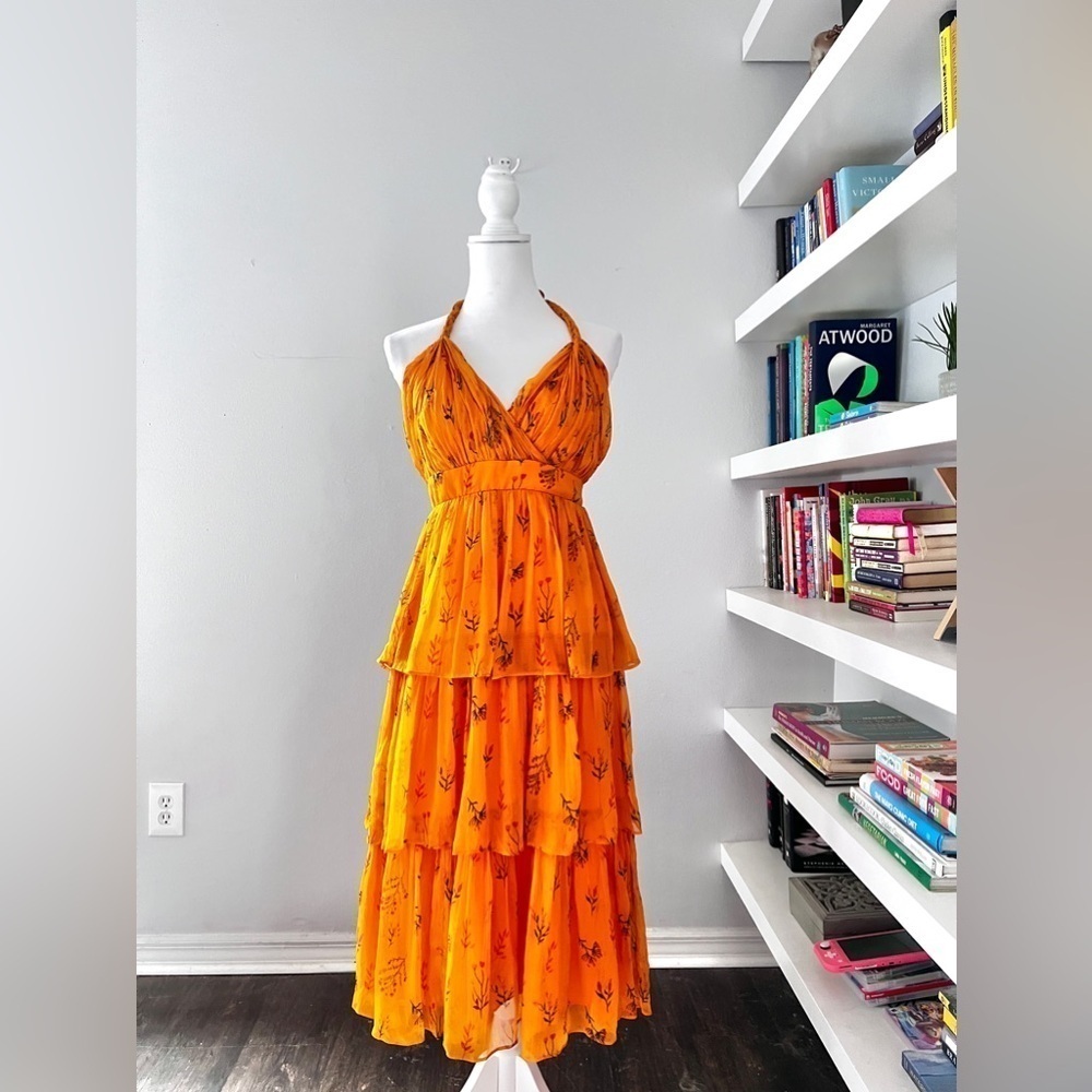 Anthropologie Bright Orange Floral Halter Tiered Midi Dress